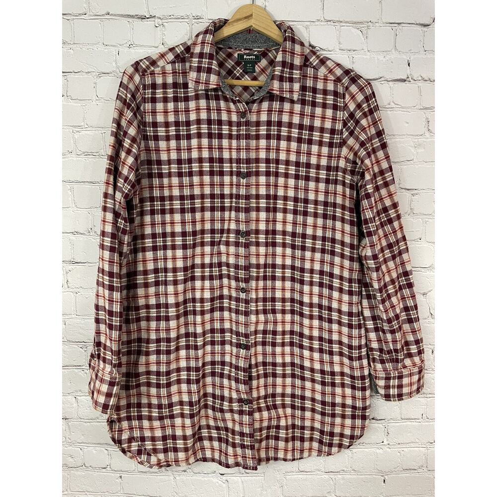 Women's Roots Canada S P Red Plaid Flannel Pocketed Button Front Tunic Shirt